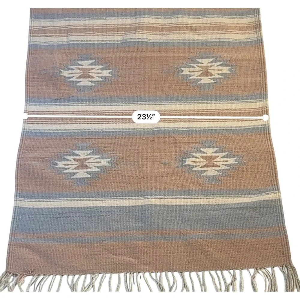 Southwestern Handwoven Wool Rug Tapestry Geometric Diamond Terracotta Blue 24x41